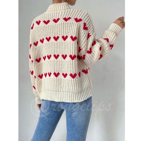 Hearts Print Red on Beige Knit Pullover Sweater Long Sleeve - Picture 3 of 16